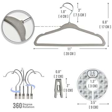 Babyrish Velvet Baby Hangers 30 Pack, Ultra Thin Nonslip Nursery Clothes Hangers with 8pcs Cute Clothing Dividers and 10pcs Hanger Clips for Kids Baby Boys & Girls Closet Organizer, Grey