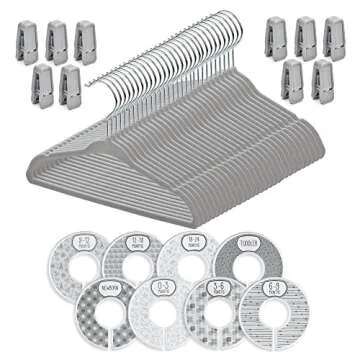 Babyrish Velvet Baby Hangers 30 Pack, Ultra Thin Nonslip Nursery Clothes Hangers with 8pcs Cute Clothing Dividers and 10pcs Hanger Clips for Kids Baby Boys & Girls Closet Organizer, Grey
