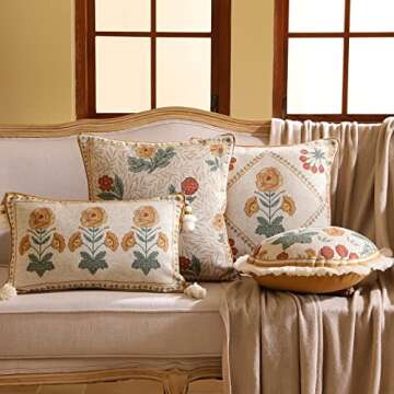 patdrea Designer Pack of 4 Throw Pillow Covers,Beige Vintage French Soft Linen Pillows Cover with Daisy Floral Pattern,Vintage Square Farmhouse Decorative Pillowcase for Couch,Bed,Living Room