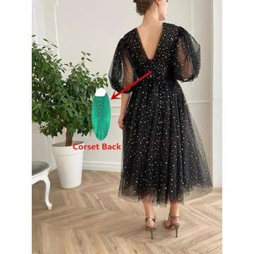 Xijun Black Puffy Sleeve Prom Dresses V Neck Sparkle Starry Tulle A Line Corset Plus Size Formal Eve...