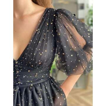 Xijun Black Puffy Sleeve Prom Dresses V Neck Sparkle Starry Tulle A Line Corset Plus Size Formal Evening Party Gowns Short Princess Dresses US20W