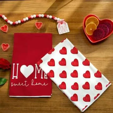 ARKENY Valentine Day Kitchen Towels Red Heart Dish Towels 18x26 Inch Ultra Absorbent Wedding Drying Cloth Sweet Home Sign Hand Towel for Valentine Decorations Set of 2