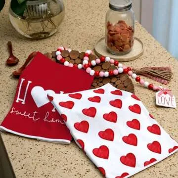 ARKENY Valentine Day Kitchen Towels Red Heart Dish Towels 18x26 Inch Ultra Absorbent Wedding Drying Cloth Sweet Home Sign Hand Towel for Valentine Decorations Set of 2