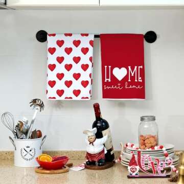 ARKENY Valentine Day Kitchen Towels Red Heart Dish Towels 18x26 Inch Ultra Absorbent Wedding Drying Cloth Sweet Home Sign Hand Towel for Valentine Decorations Set of 2
