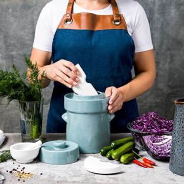 Fermentation Crock Jar Sauerkraut Crock -For Onggi Kimchi Pot (1.3 Gallon) Ceramic Fermenting Crock with Glazed Weights for Fresh Chinese Pickle, Kimchi & Kombucha - Stoneware Pickling Crock