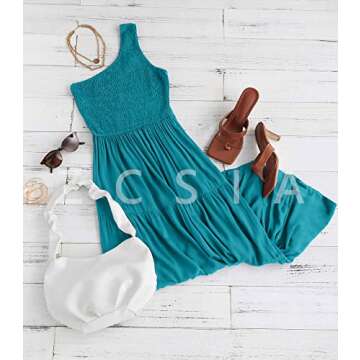 ZCSIA Women's 2024 Summer Boho One Shoulder Sleeveless Solid Color Ruffle Beach Party Tiered Midi Dress,Peacock,Small