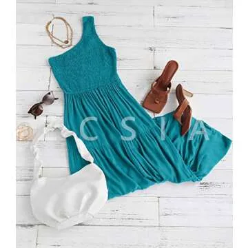 ZCSIA Women's 2024 Summer Boho One Shoulder Sleeveless Solid Color Ruffle Beach Party Tiered Midi Dress,Peacock,Small