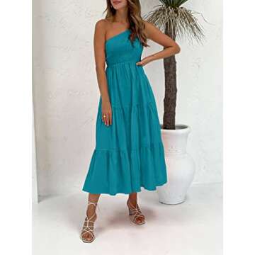 ZCSIA Women's 2024 Summer Boho One Shoulder Sleeveless Solid Color Ruffle Beach Party Tiered Midi Dress,Peacock,Small