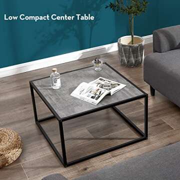 SAYGOER Small Coffee Table Square Modern Coffee Tables for Small Space Low Center Table for Living Room Office, Wood Top with Metal Frames, Easy Assembly, Gray Wood