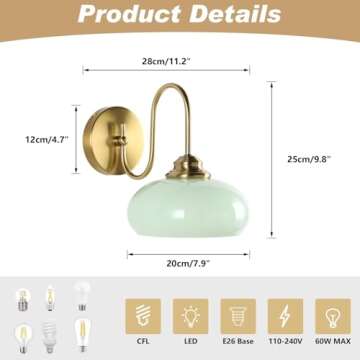 KCO Lighting Mid Century Modern Wall Sconce Vintage 1-Light Green Glass Wall Sconce Antique Brass Wa...