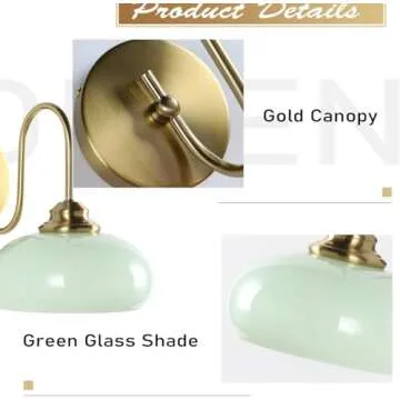 KCO Lighting Mid Century Modern Wall Sconce Vintage 1-Light Green Glass Wall Sconce Antique Brass Wall Light Fixture Brushed Gold Bathroom Vanity Light Hallway Sconces Wall Lighting