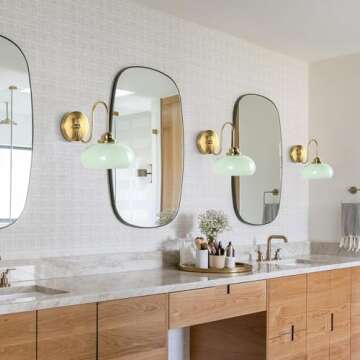 KCO Lighting Mid Century Modern Wall Sconce Vintage 1-Light Green Glass Wall Sconce Antique Brass Wall Light Fixture Brushed Gold Bathroom Vanity Light Hallway Sconces Wall Lighting