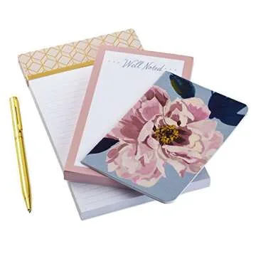 Hallmark Notepad Bundle with Pen, Pretty Pinks (3 Notepads in Assorted Sizes with Gold Pen)