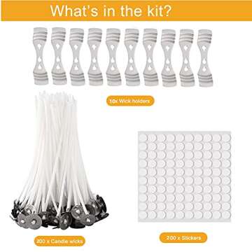 200 Pieces Natural Cotton Candle Wick（15cm/6in）,200Pcs Wicks Sticker,10Pcs Candle Wick Centering Device，for Pillar Candle Making and Candle DIY Christmas Gift