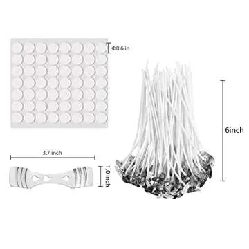 200 Pieces Natural Cotton Candle Wick（15cm/6in）,200Pcs Wicks Sticker,10Pcs Candle Wick Centering Device，for Pillar Candle Making and Candle DIY Christmas Gift