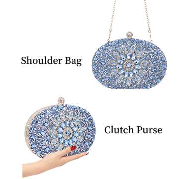 Chaliwini Navy Blue Evening Purse Nude Rhinestone Crystal Clutches and Evening Bag Flower Handbag for Women (Light Blue)