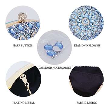 Chaliwini Navy Blue Evening Purse Nude Rhinestone Crystal Clutches and Evening Bag Flower Handbag for Women (Light Blue)