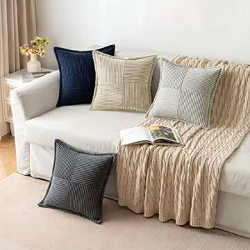 MIULEE Cream Corduroy Pillow Covers with Splicing Set of 2 Super Soft Couch Pillow Covers Broadside Striped Decorative Textured Throw Pillows for Spring Cushion Bed Livingroom 18x18 inch