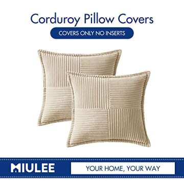 MIULEE Cream Corduroy Pillow Covers with Splicing Set of 2 Super Soft Couch Pillow Covers Broadside Striped Decorative Textured Throw Pillows for Spring Cushion Bed Livingroom 18x18 inch