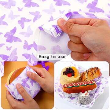 150 Pcs Wax Paper Sheets for Food Butterfly Deli Baking Wrapping Wax Paper Sheets Greaseproof Printed Picnic Wrap Tissue for Hamburger Basket Sandwich Holiday Birthday Party Dessert(Purple)
