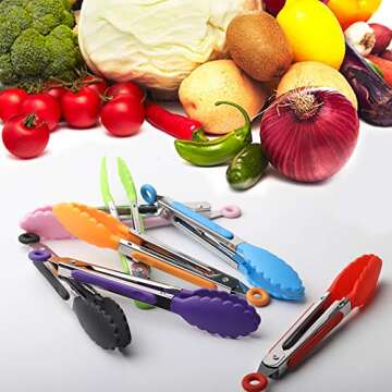 Mr.EV 7Pack Kitchen Tongs Set 7-Inch Color Mini Small Food Tongs with Stainless Steel Silicon Handles and Nylon Tips Heat Resistant Tongs for Cooking,Serving,BBQ,Grilling, Salad and More (Multicolor)