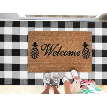 KOZYFLY Buffalo Plaid Area Rugs 3x5 Ft Black and White Checkered Rug Washable Front Door Mat Hand Woven Cotton Outdoor Rug Large Rug for Front Porch Kitchen Entryway Patio Bathroom