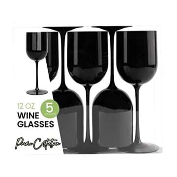 PLASTICPRO Black Plastic Wine Glasses Set of 5 Elegant Wine Goblets Hard Plastic Wine Cups on Stem 12 Ounce