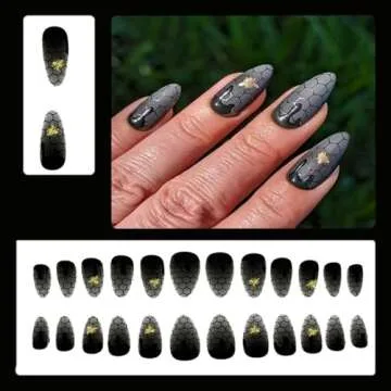 Halloween Press on Nails Almond Fake Nails Black Nails with Spider Web Bee designs Blood Stick on Nails Full Cover Acrylic Nails False Nails for Women Girls Manicure 24pcs