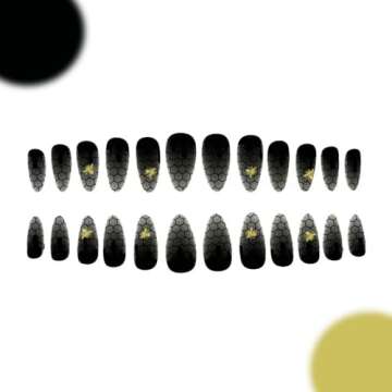 Halloween Press on Nails Almond Fake Nails Black Nails with Spider Web Bee designs Blood Stick on Nails Full Cover Acrylic Nails False Nails for Women Girls Manicure 24pcs