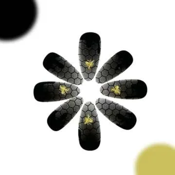 Halloween Press on Nails Almond Fake Nails Black Nails with Spider Web Bee designs Blood Stick on Nails Full Cover Acrylic Nails False Nails for Women Girls Manicure 24pcs