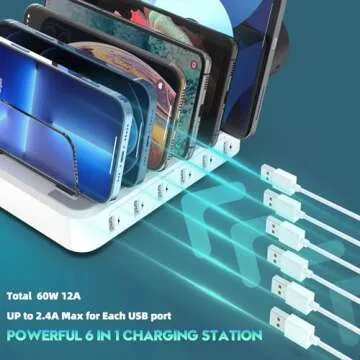 Charging Station for Multiple Devices,60W 6 Port Charger Station with 7 Mixed Charging Cables,USB Ch...