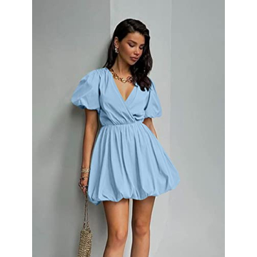 PRETTYGARDEN Women's Short Summer Dresses Casual Puffy Sleeve Wrap V Neck Ruffle Solid Color Flare Dress