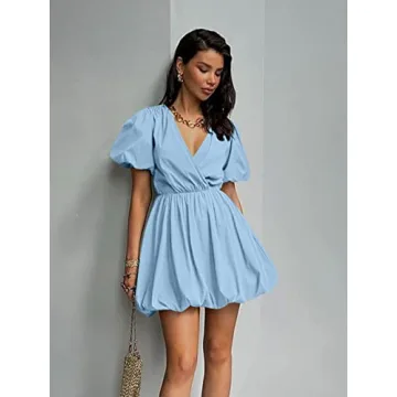 PRETTYGARDEN Women's Short Summer Dresses Casual Puffy Sleeve Wrap V Neck Ruffle Solid Color Flare Dress