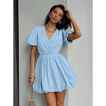 PRETTYGARDEN Women's Short Summer Dresses Casual Puffy Sleeve Wrap V Neck Ruffle Solid Color Flare Dress