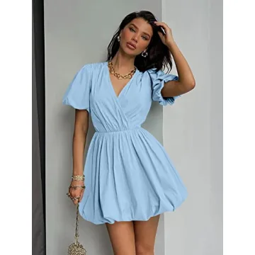 PRETTYGARDEN Women's Short Summer Dresses Casual Puffy Sleeve Wrap V Neck Ruffle Solid Color Flare Dress