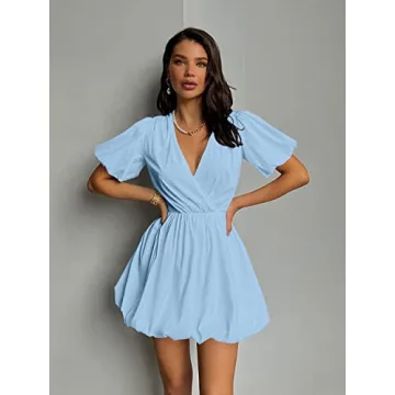 PRETTYGARDEN Women's Short Summer Dresses Casual Puffy Sleeve Wrap V Neck Ruffle Solid Color Flare Dress