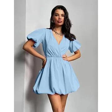 PRETTYGARDEN Women's Short Summer Dresses Casual Puffy Sleeve Wrap V Neck Ruffle Solid Color Flare Dress