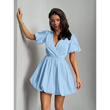 PRETTYGARDEN Women's Short Summer Dresses Casual Puffy Sleeve Wrap V Neck Ruffle Solid Color Flare Dress