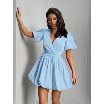 PRETTYGARDEN Women's Short Summer Dresses Casual Puffy Sleeve Wrap V Neck Ruffle Solid Color Flare Dress