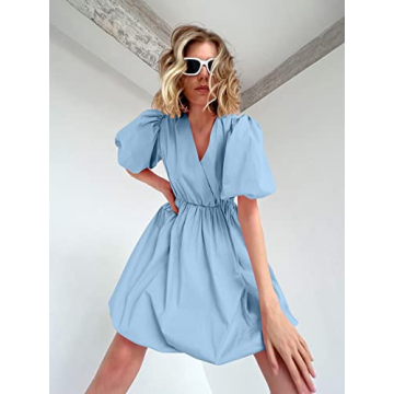 PRETTYGARDEN Women's Short Summer Dresses Casual Puffy Sleeve Wrap V Neck Ruffle Solid Color Flare Dress