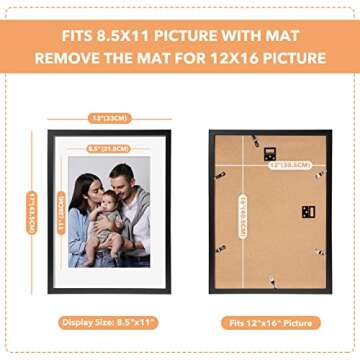 SYNTRIFIC 12x16 Black Picture Frames Set of 6, Photo Frame 8.5x11 with Mat or 12x16 Without Mat, Photo Collage Frames for Wall Mounting and Tabletop Display