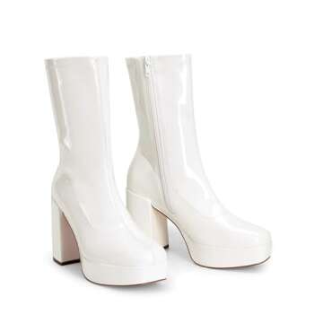 DREAM PAIRS Women's Mid Calf Gogo Boots Platform High Chunky Block Heel Square Toe Ankle Boots,Size 11,WHITE-PAT,SDMB2410W