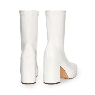 DREAM PAIRS Women's Mid Calf Gogo Boots Platform High Chunky Block Heel Square Toe Ankle Boots,Size 11,WHITE-PAT,SDMB2410W