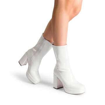 DREAM PAIRS Women's Mid Calf Gogo Boots Platform High Chunky Block Heel Square Toe Ankle Boots,Size 11,WHITE-PAT,SDMB2410W