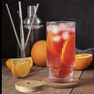 Greefun Ribbed Glassware Set with Lid & Straw 16oz