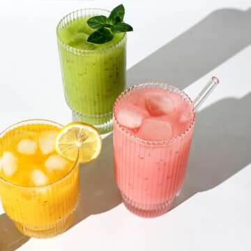 Greefun Ribbed Glassware Set with Lid & Straw 16oz