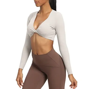 Aoxjox Long Sleeve Crop Top for Women - Sienna Twist Deep V T-shirt