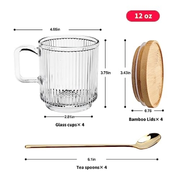 Rechano Glass Coffee Mugs Set with Lids and Spoons - 12 oz