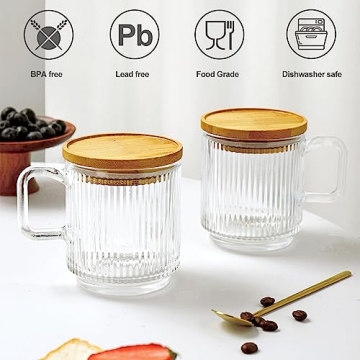 Rechano Glass Coffee Mugs Set with Lids and Spoons - 12 oz