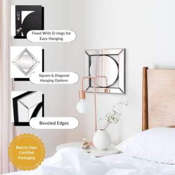 Howard Elliott Lula Square Hanging Accent Mirrored Frame Wall Mirror, Beautifully Beveled Edge Decor...